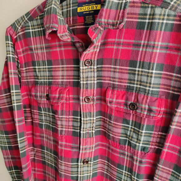 Ralph Lauren Rugby Shirt Mens Medium Button Up Flannel Long Sleeve Red Green - Picture 4 of 8